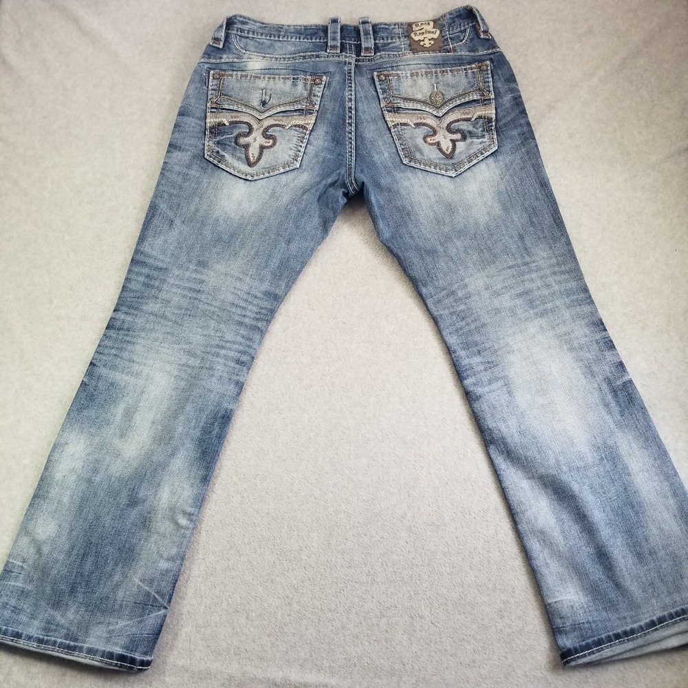 Rock Revival Jeans Mens Size 36 Blue Rogue Bootcut Flap Pocket Fleur De Lis Wash